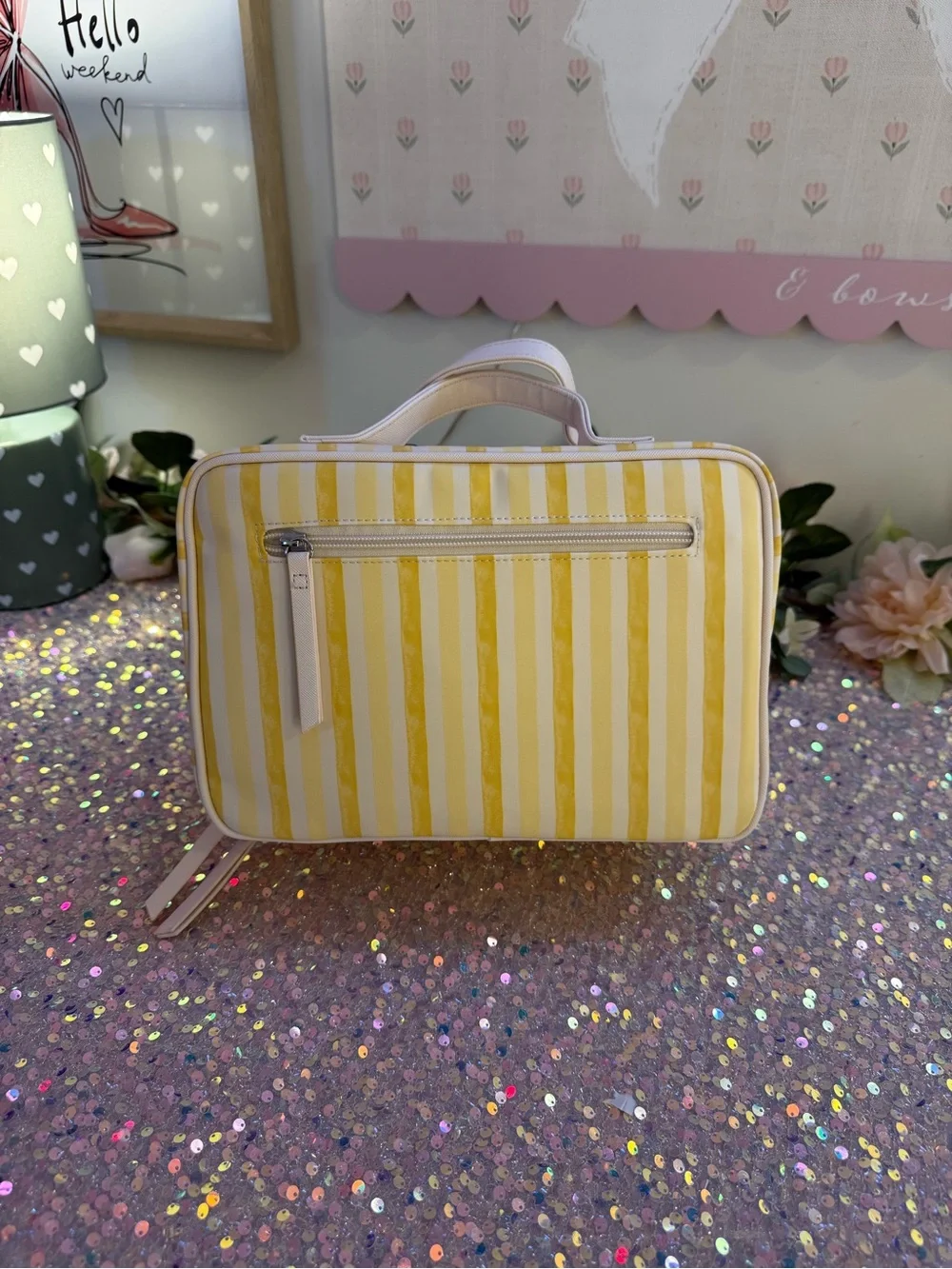 NWT Tender Love + Carry Toiletry Weekender Bag in Yellow/Beige Vertical Stripes